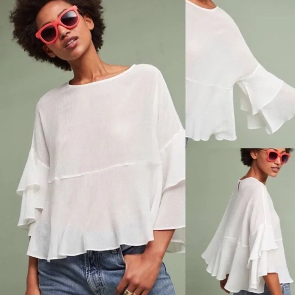 Eri + Ali by Anthro White Flounce Sleeve Blouse